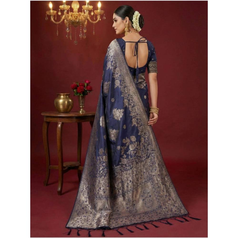 Generic Women's Silk Blend Printed Saree With Unstitched Blouse 5.5Mtr (Navy Blue) - Image 3