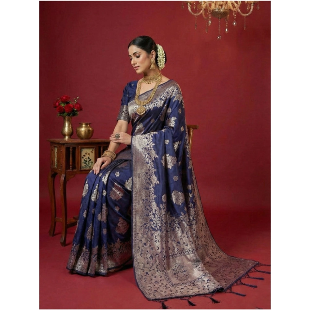Generic Women's Silk Blend Printed Saree With Unstitched Blouse 5.5Mtr (Navy Blue) - Image 2