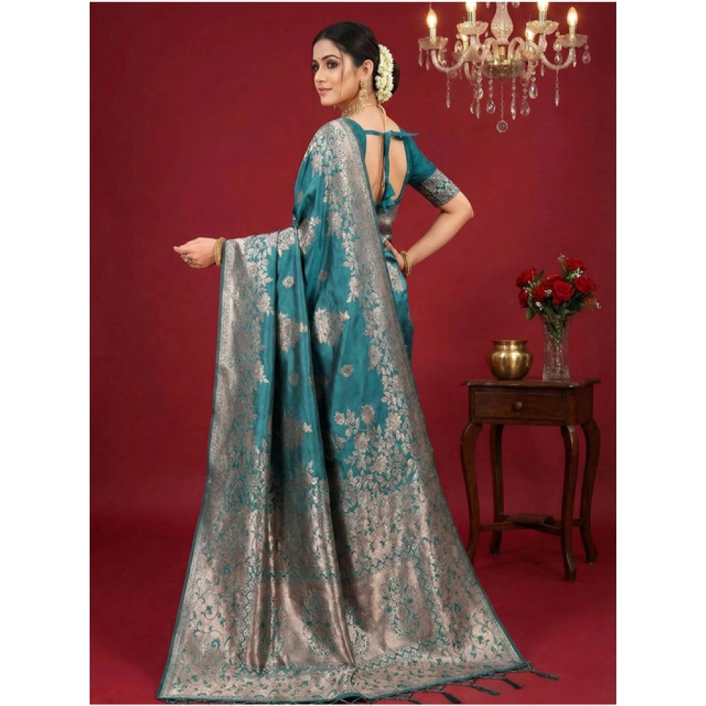 Generic Women's Silk Blend Printed Saree With Unstitched Blouse 5.5Mtr (Sea Green) - Image 3