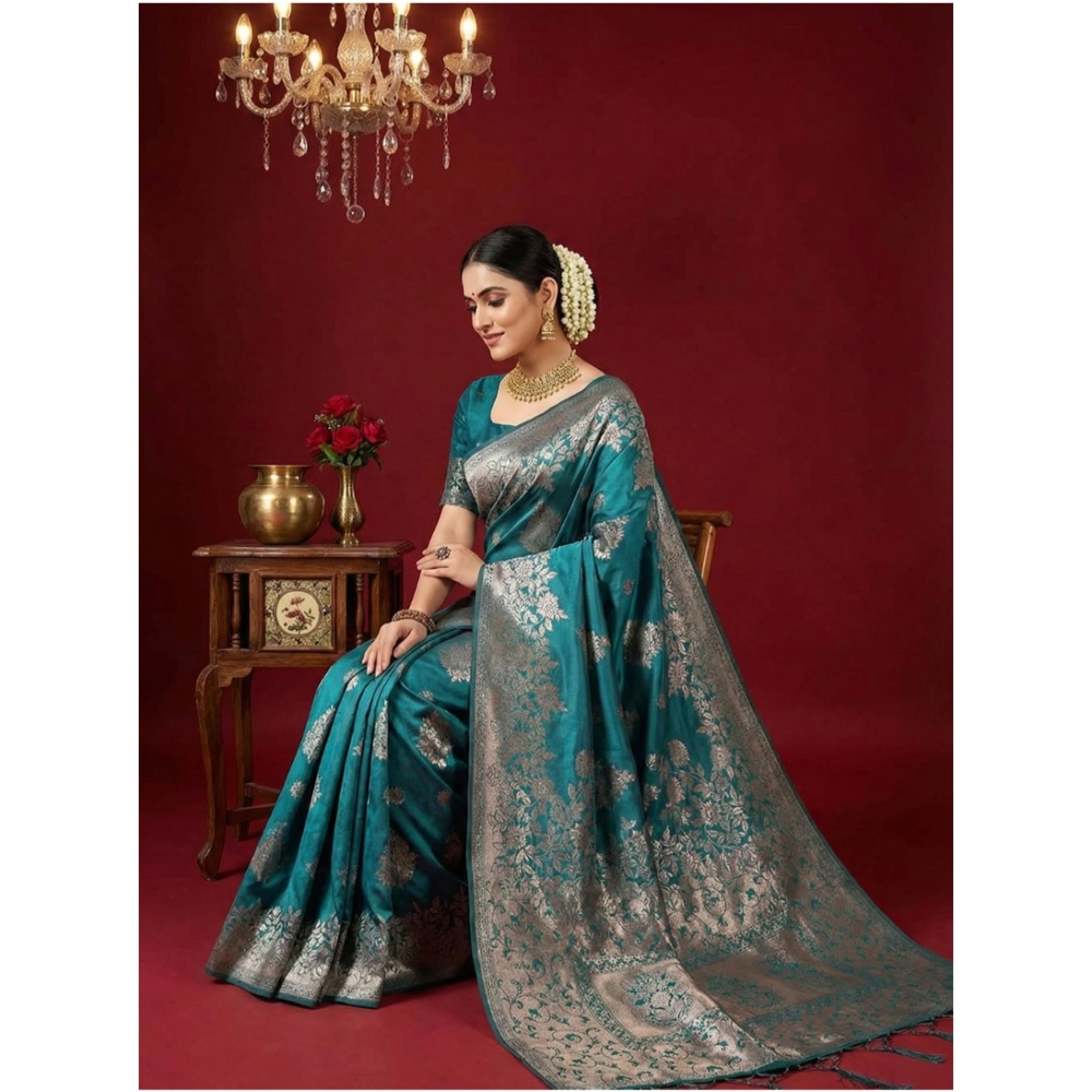 Generic Women's Silk Blend Printed Saree With Unstitched Blouse 5.5Mtr (Sea Green) - Image 2
