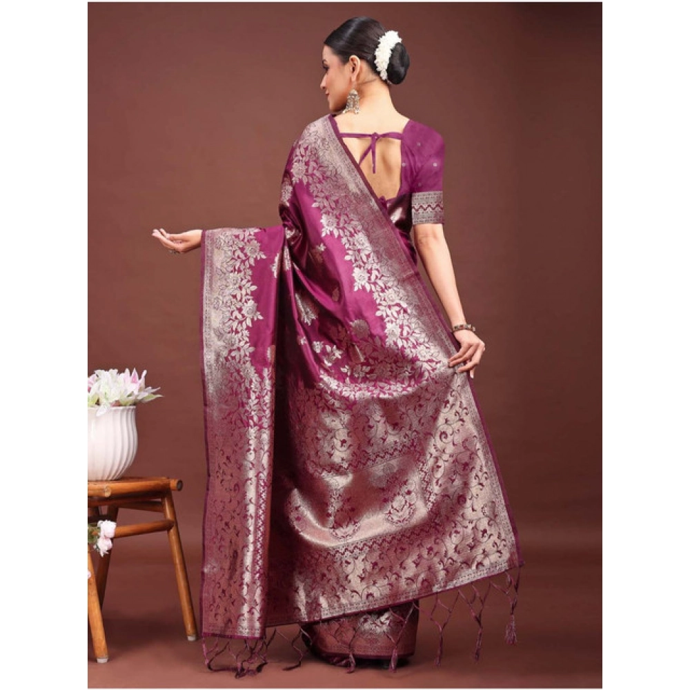 Generic Women's Banarasi Silk Printed Saree With Unstitched Blouse 5.5Mtr (Purple) - Image 4
