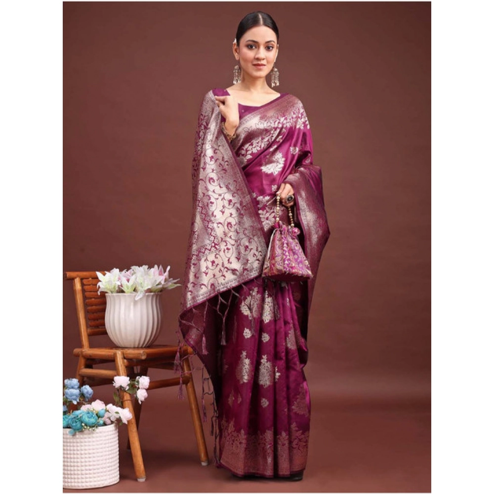 Generic Women's Banarasi Silk Printed Saree With Unstitched Blouse 5.5Mtr (Purple) - Image 3