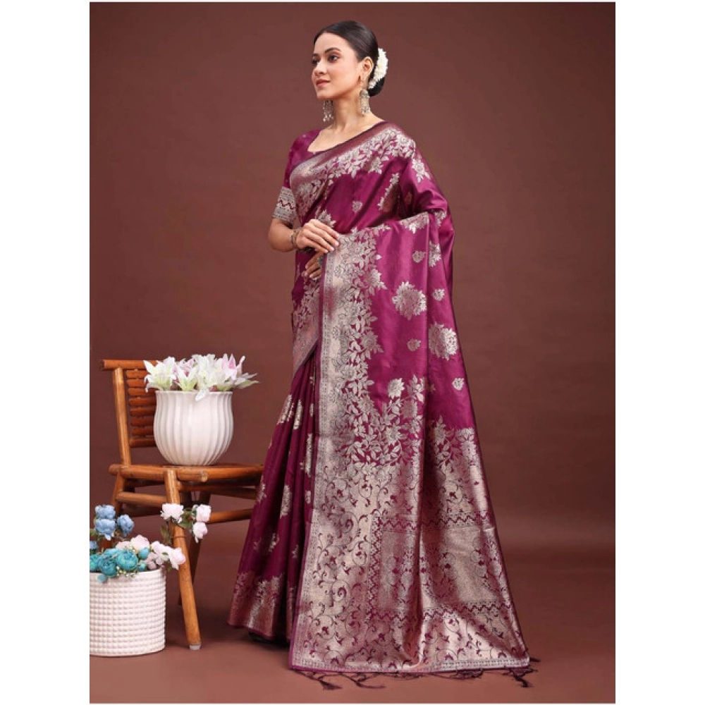 Generic Women's Banarasi Silk Printed Saree With Unstitched Blouse 5.5Mtr (Purple) - Image 2