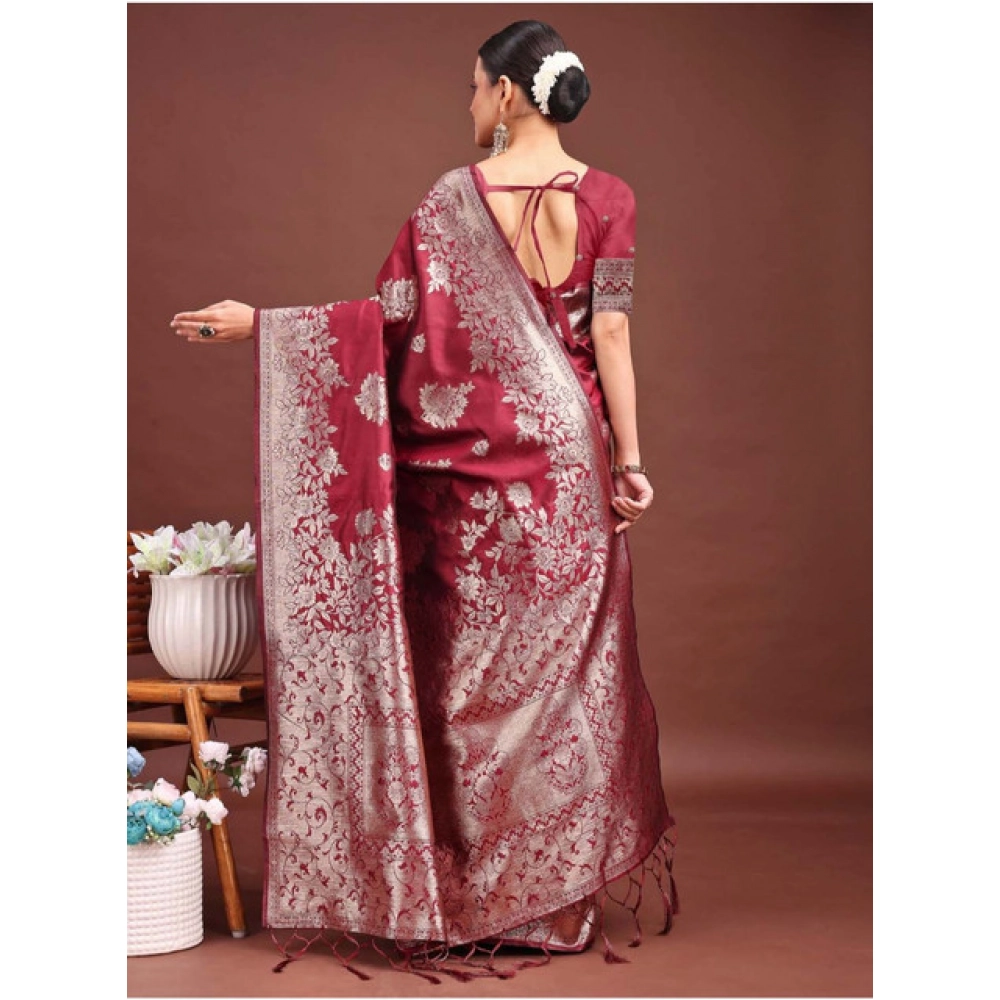 Generic Women's Banarasi Silk Printed Saree With Unstitched Blouse 5.5Mtr (Maroon) - Image 4