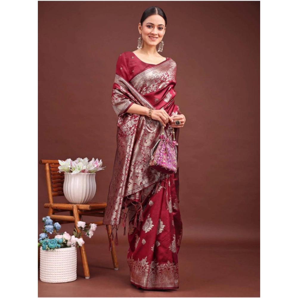 Generic Women's Banarasi Silk Printed Saree With Unstitched Blouse 5.5Mtr (Maroon) - Image 3