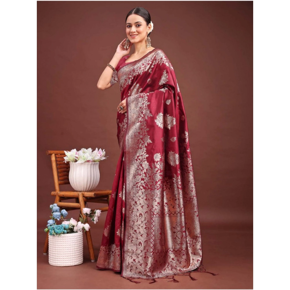 Generic Women's Banarasi Silk Printed Saree With Unstitched Blouse 5.5Mtr (Maroon) - Image 2