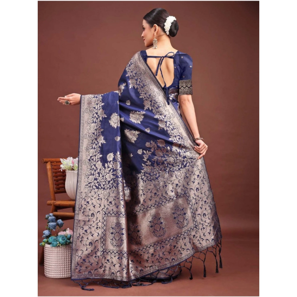 Generic Women's Banarasi Silk Printed Saree With Unstitched Blouse 5.5Mtr (Navy Blue) - Image 4