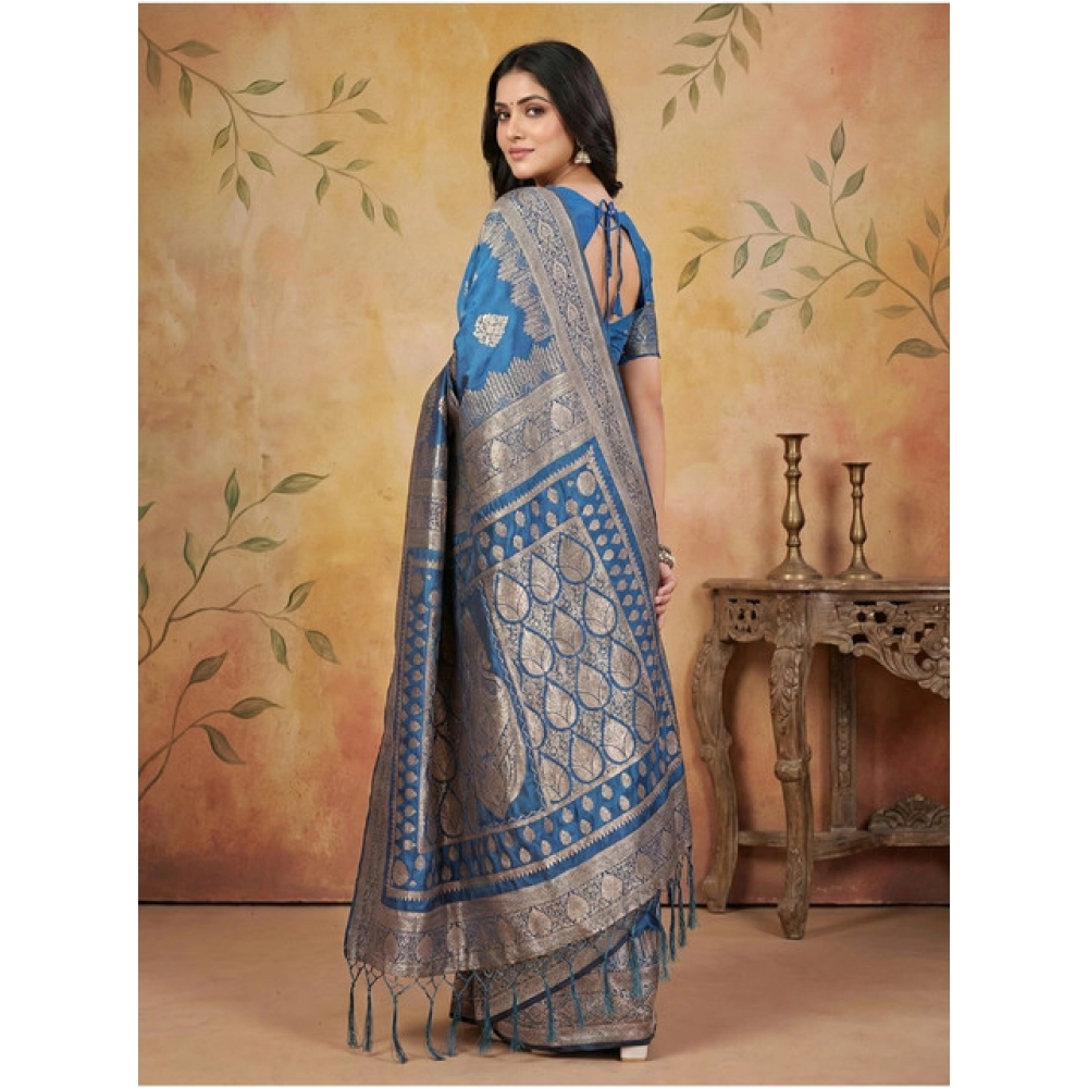Generic Women's Silk Blend Printed Saree With Unstitched Blouse 5.5Mtr (Sky Blue) - Image 3