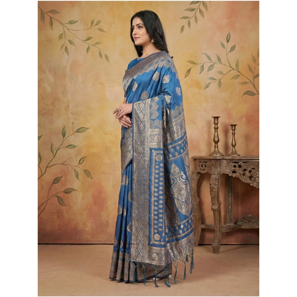 Generic Women's Silk Blend Printed Saree With Unstitched Blouse 5.5Mtr (Sky Blue) - Image 2