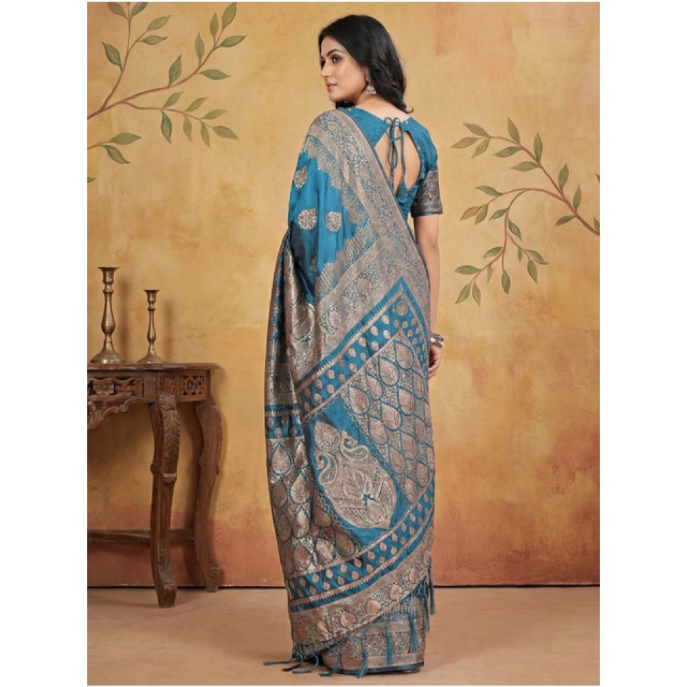 Generic Women's Silk Blend Printed Saree With Unstitched Blouse 5.5Mtr (Teal) - Image 3
