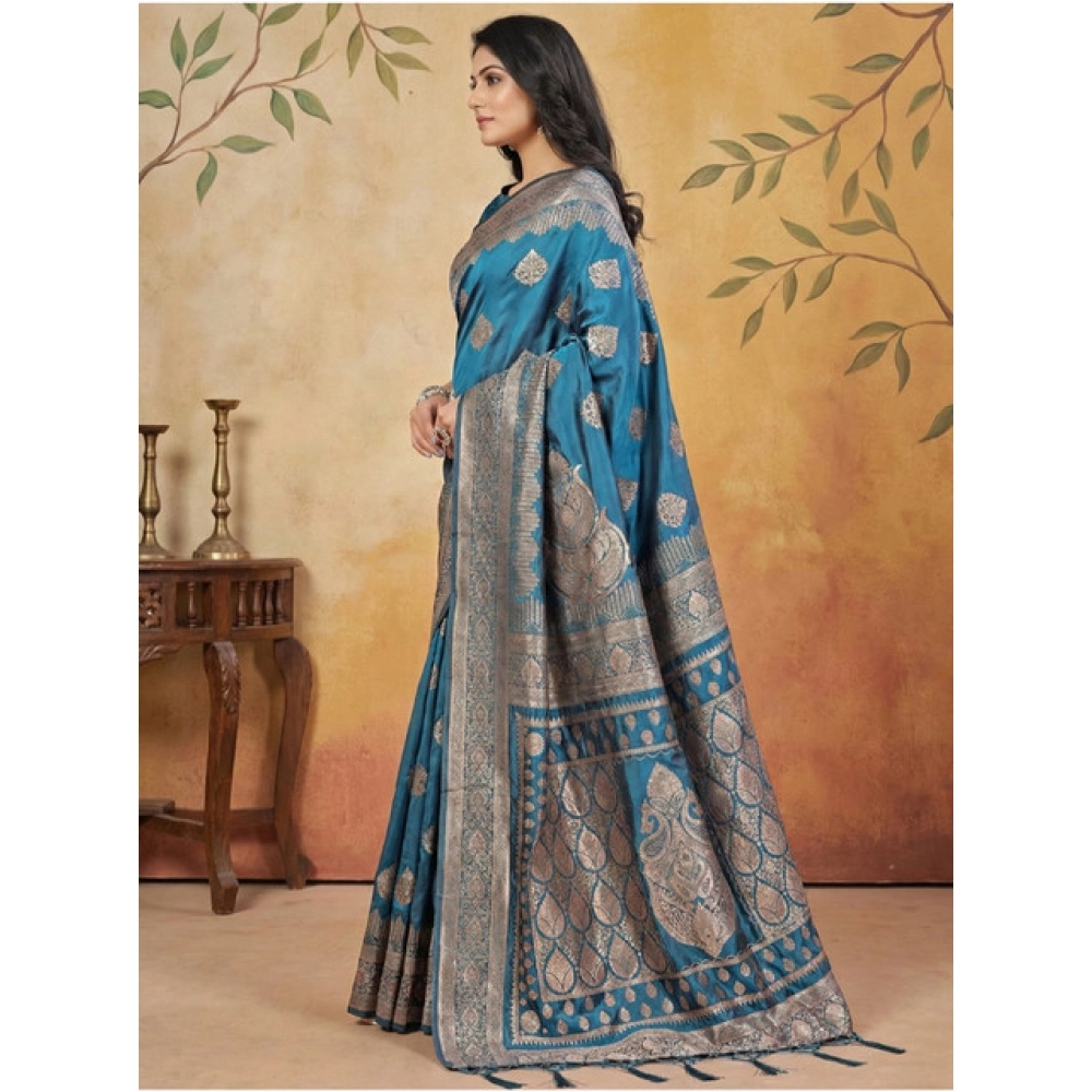 Generic Women's Silk Blend Printed Saree With Unstitched Blouse 5.5Mtr (Teal) - Image 2