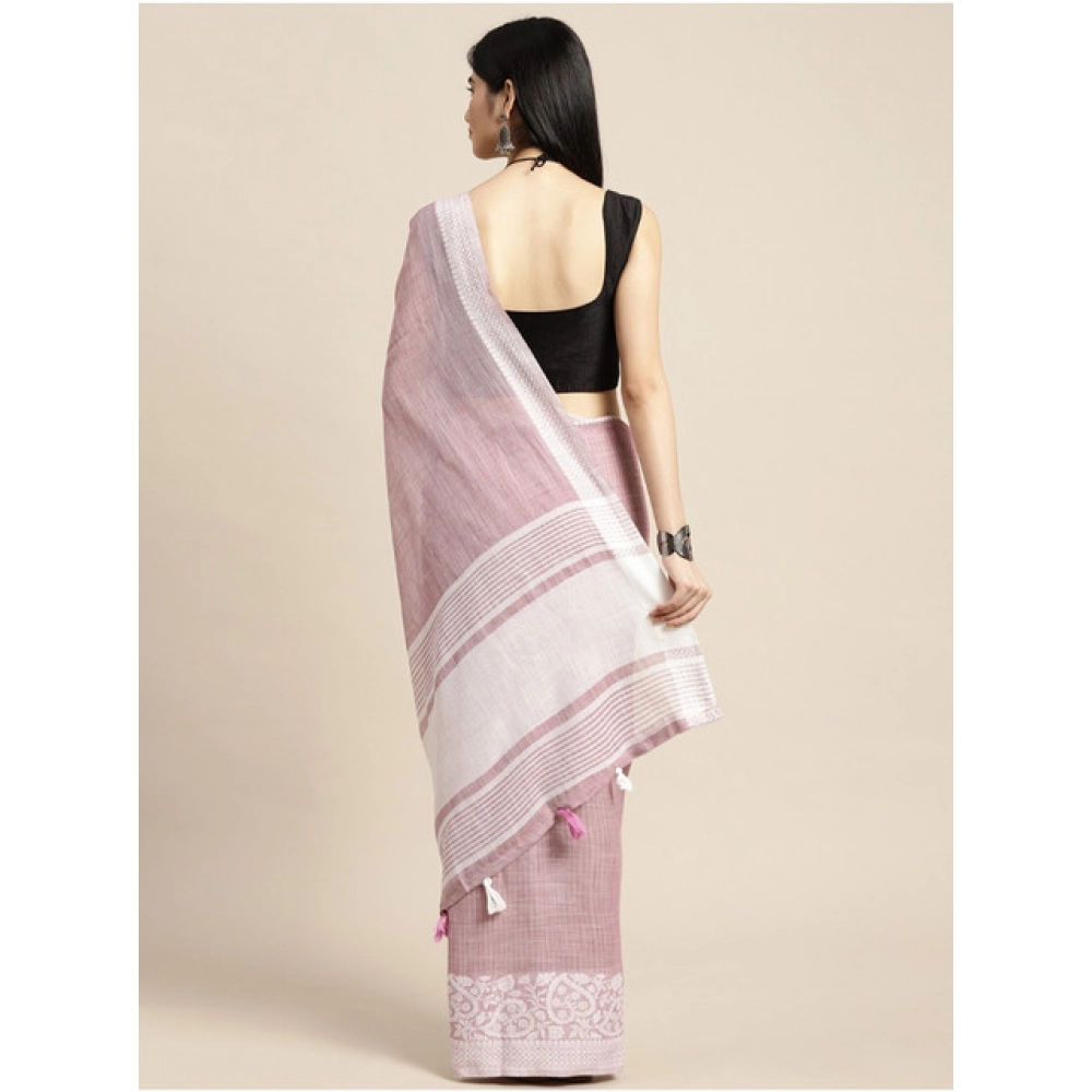 Generic Women's Linen Printed Saree With Unstitched Blouse 5.5Mtr (Purple) - Image 4