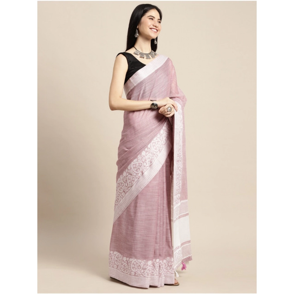 Generic Women's Linen Printed Saree With Unstitched Blouse 5.5Mtr (Purple) - Image 3