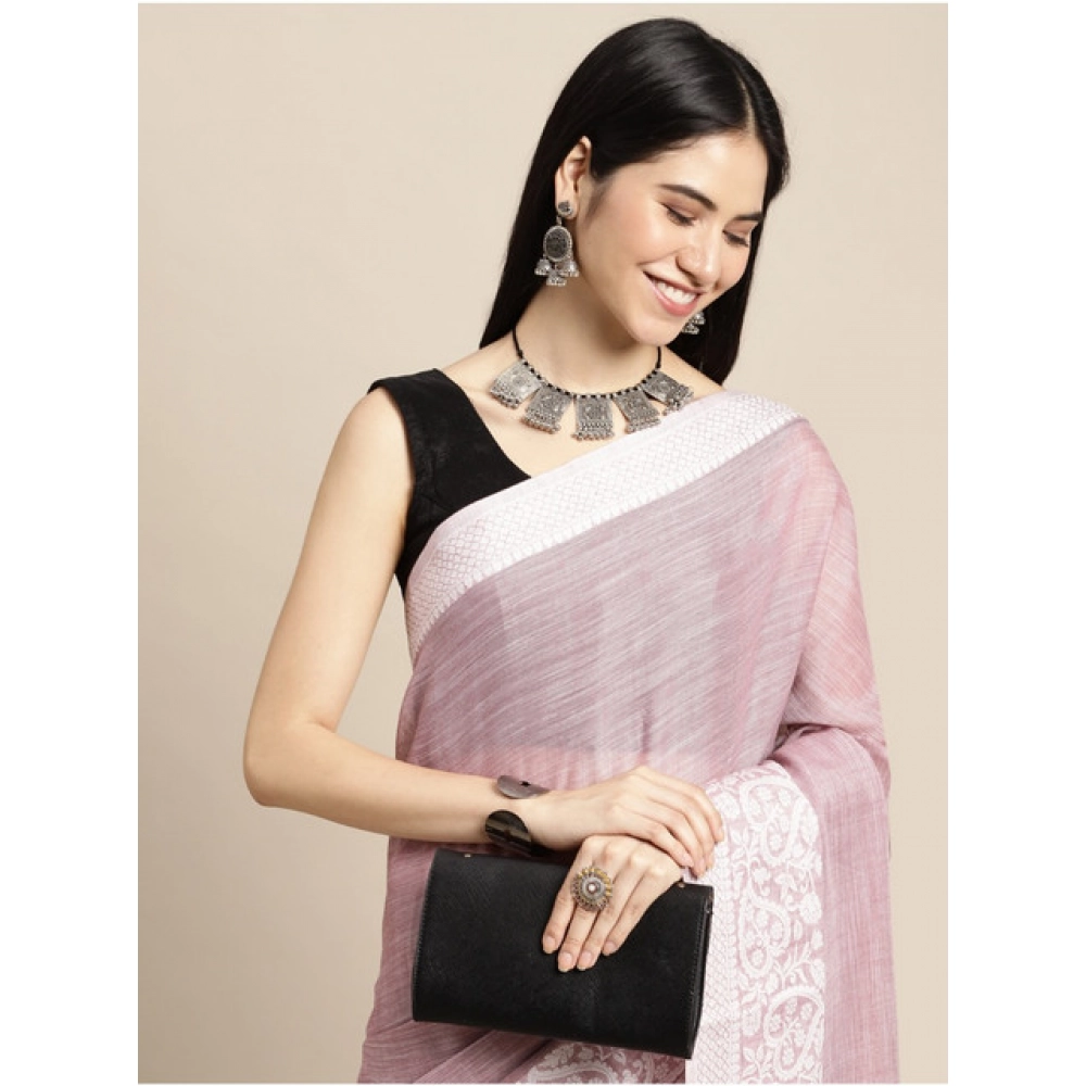 Generic Women's Linen Printed Saree With Unstitched Blouse 5.5Mtr (Purple) - Image 2