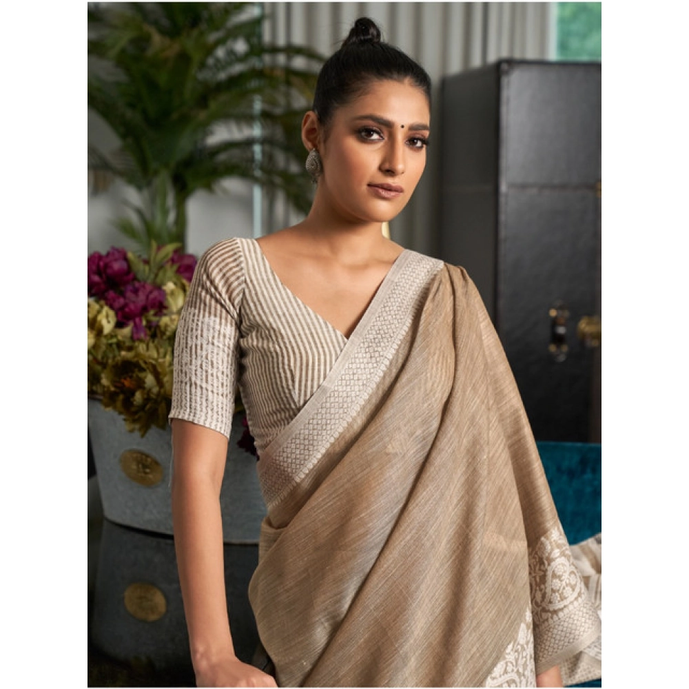 Generic Women's Linen Printed Saree With Unstitched Blouse 5.5Mtr (Beige) - Image 4