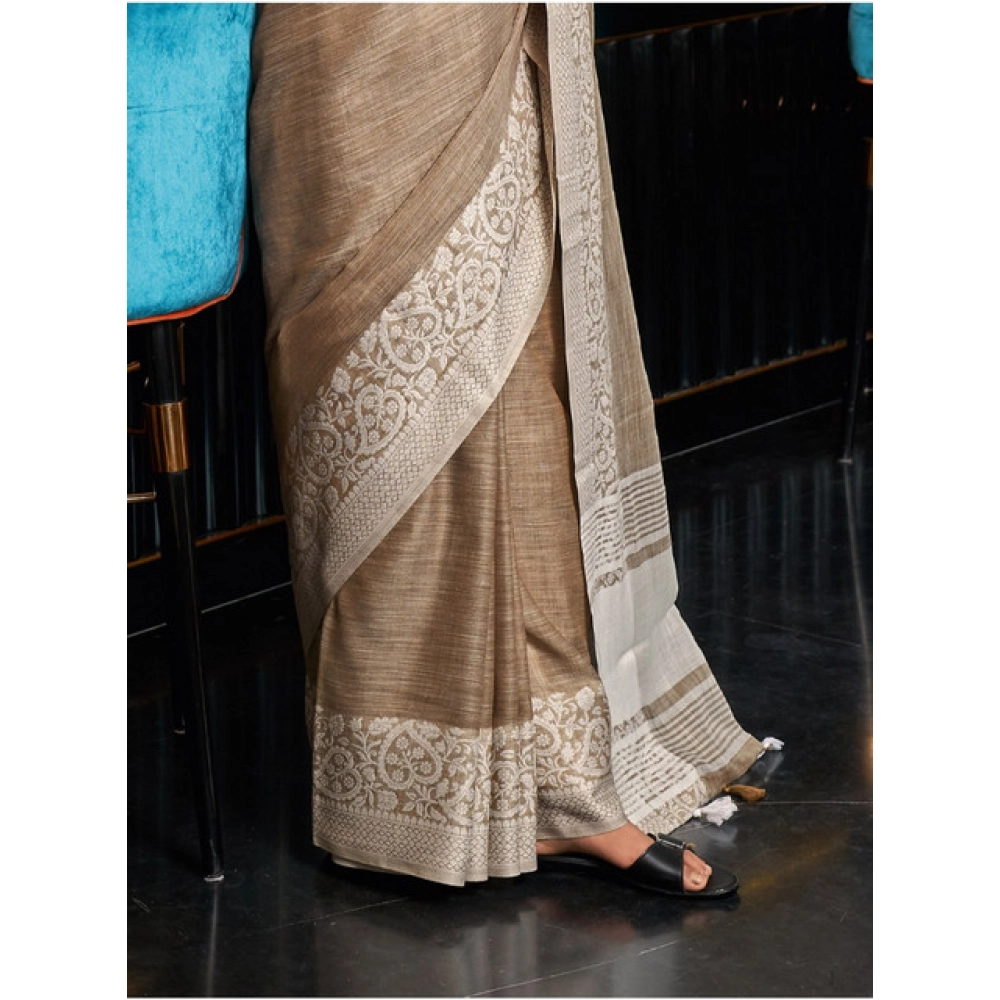 Generic Women's Linen Printed Saree With Unstitched Blouse 5.5Mtr (Beige) - Image 2