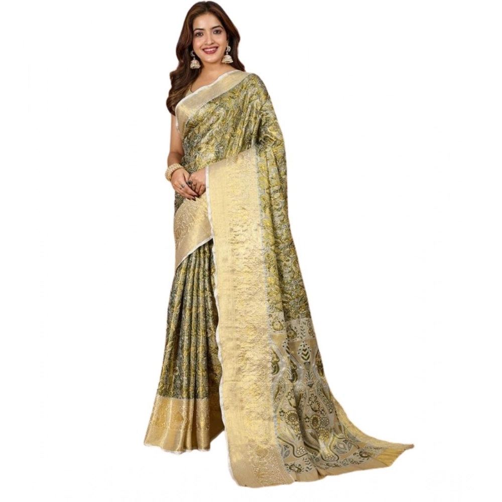 Generic Women's Jacquard Saree With Unstitched Blouse 5.5Mtr (Olive) - Image 4