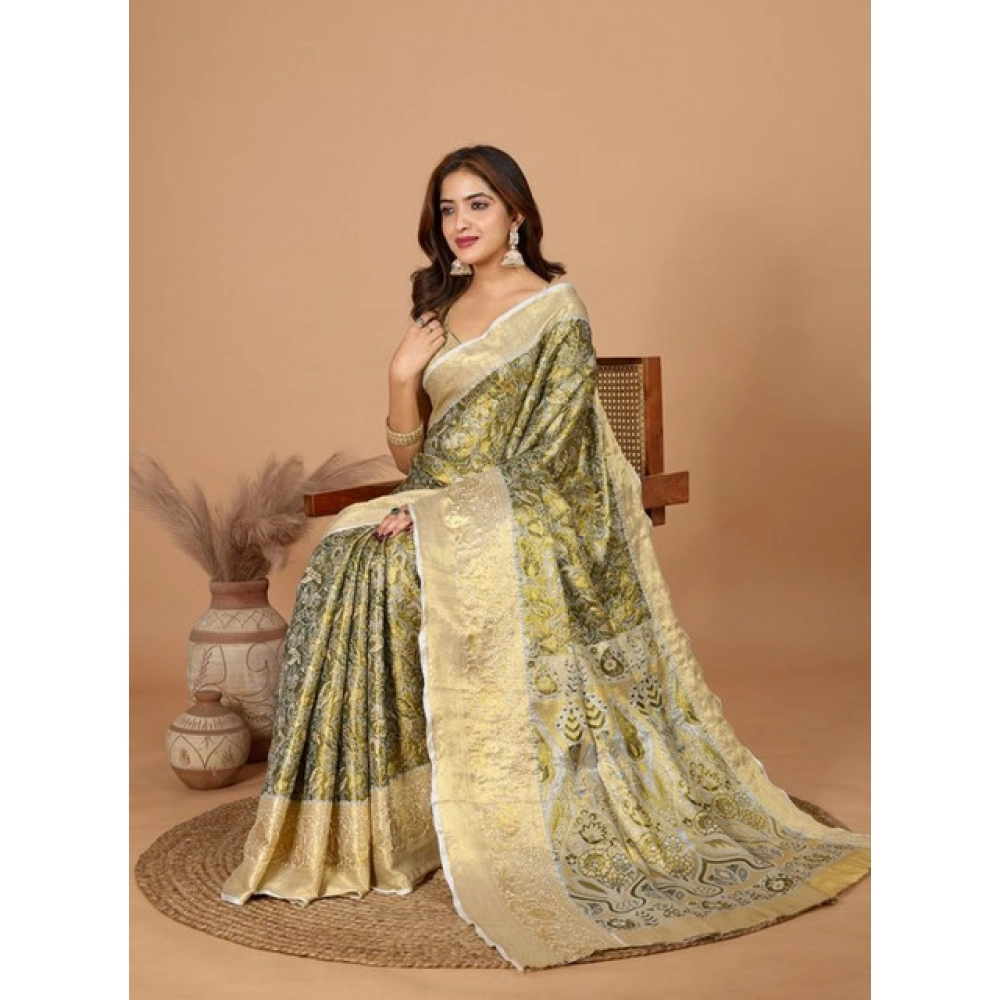 Generic Women's Jacquard Saree With Unstitched Blouse 5.5Mtr (Olive) - Image 3