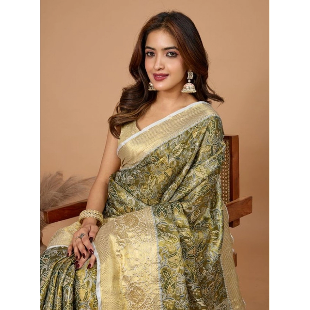 Generic Women's Jacquard Saree With Unstitched Blouse 5.5Mtr (Olive) - Image 2