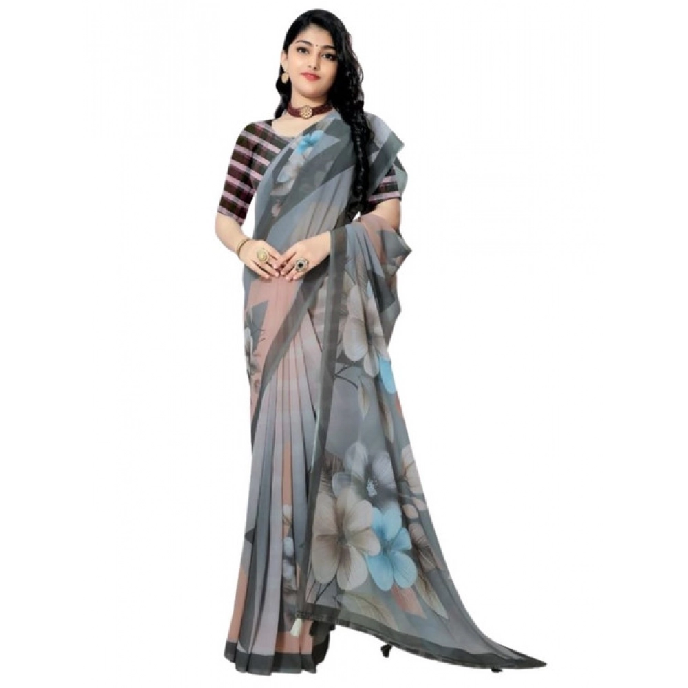 Generic Women's Georgette Floral Printed Saree With Unstitched Blouse 5.5Mtr (Grey) - Image 3