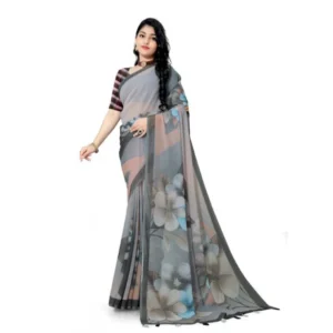 Generic Women's Georgette Floral Printed Saree With Unstitched Blouse 5.5Mtr (Grey)