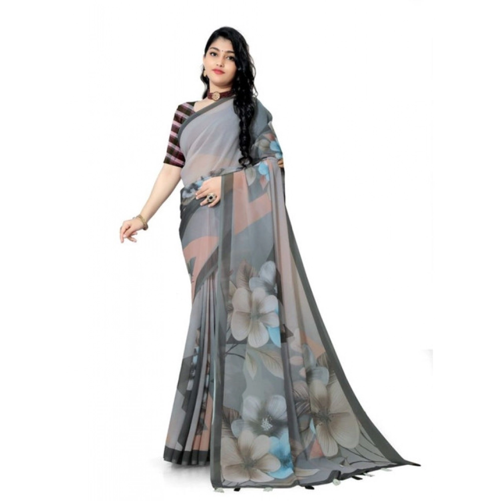 Generic Women's Georgette Floral Printed Saree With Unstitched Blouse 5.5Mtr (Grey)