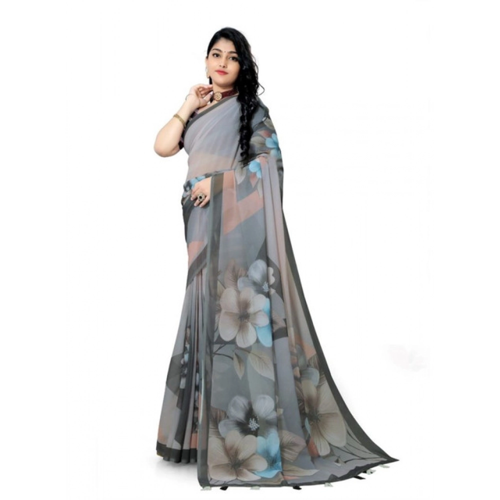 Generic Women's Georgette Floral Printed Saree With Unstitched Blouse 5.5Mtr (Grey) - Image 2