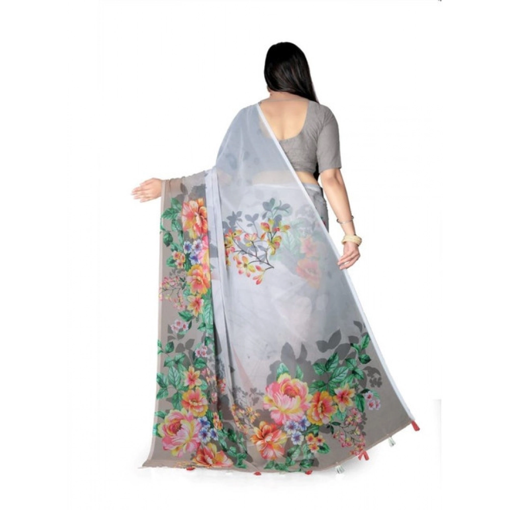Generic Women's Georgette Floral Printed Saree With Unstitched Blouse 5.5Mtr (Grey) - Image 4