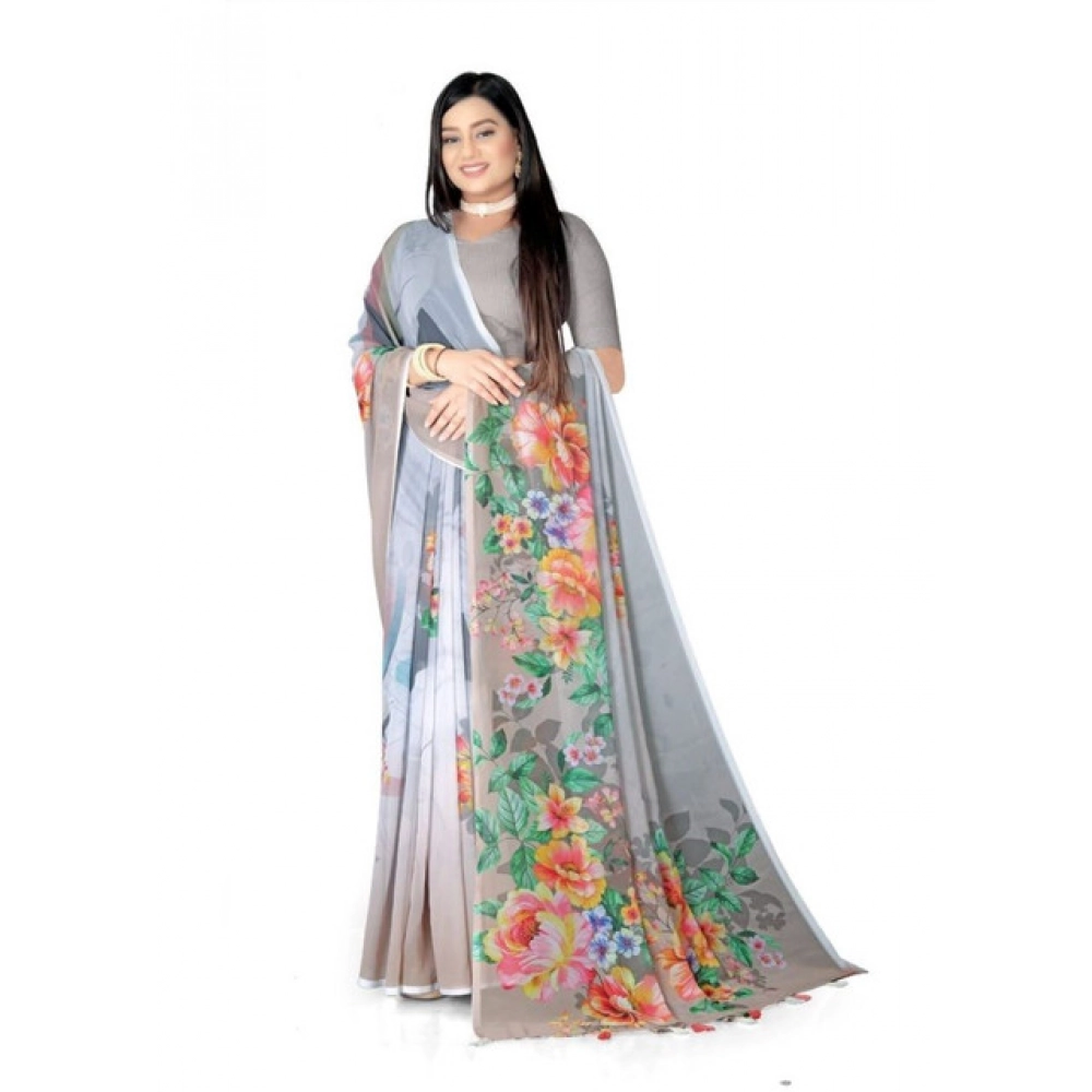 Generic Women's Georgette Floral Printed Saree With Unstitched Blouse 5.5Mtr (Grey) - Image 3