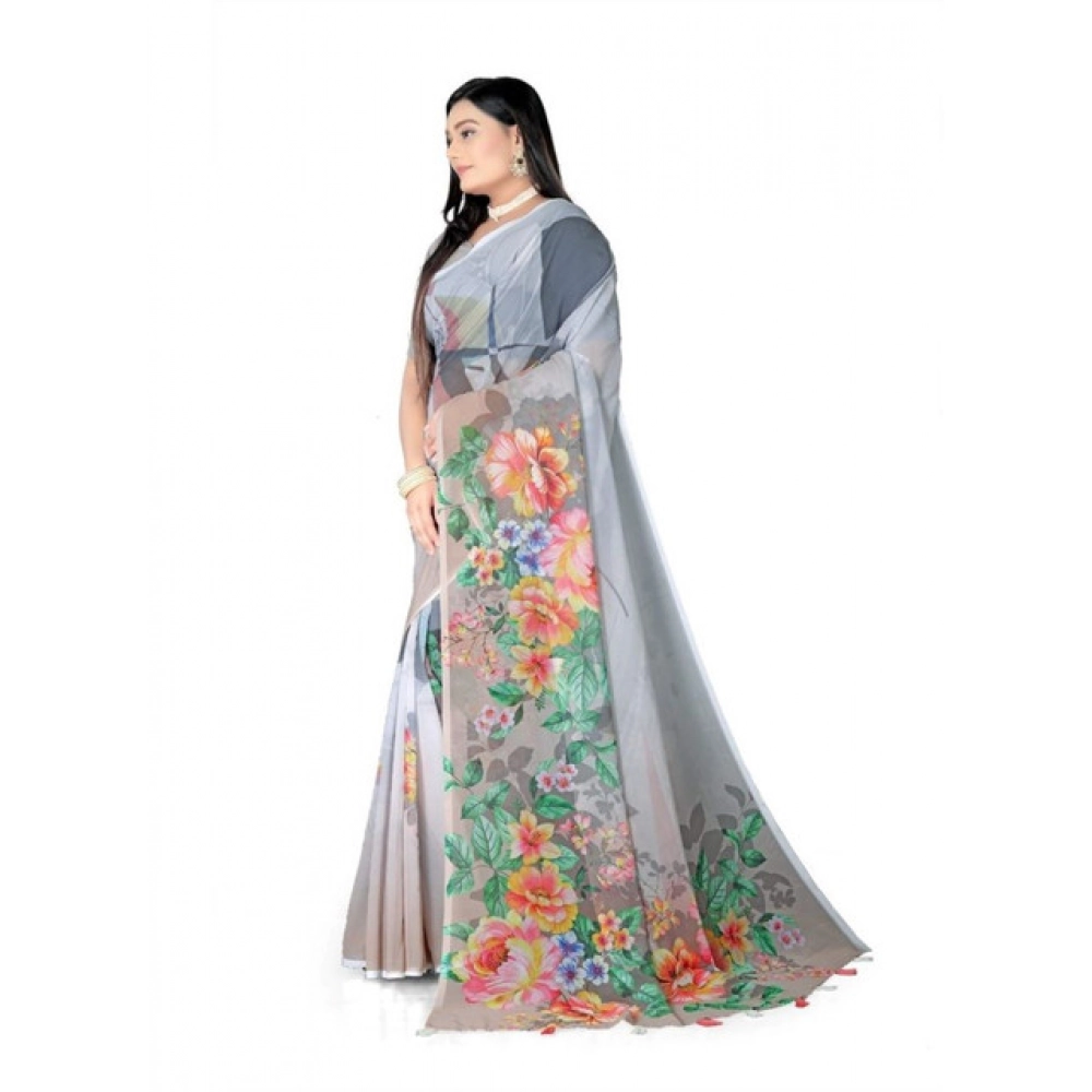 Generic Women's Georgette Floral Printed Saree With Unstitched Blouse 5.5Mtr (Grey) - Image 2