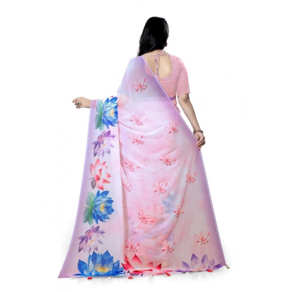 Generic Women's Georgette Floral Printed Saree With Unstitched Blouse 5.5Mtr (Light Pink) - Image 2