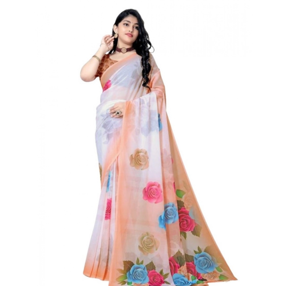Generic Women's Georgette Floral Printed Saree With Unstitched Blouse 5.5Mtr (Orange)