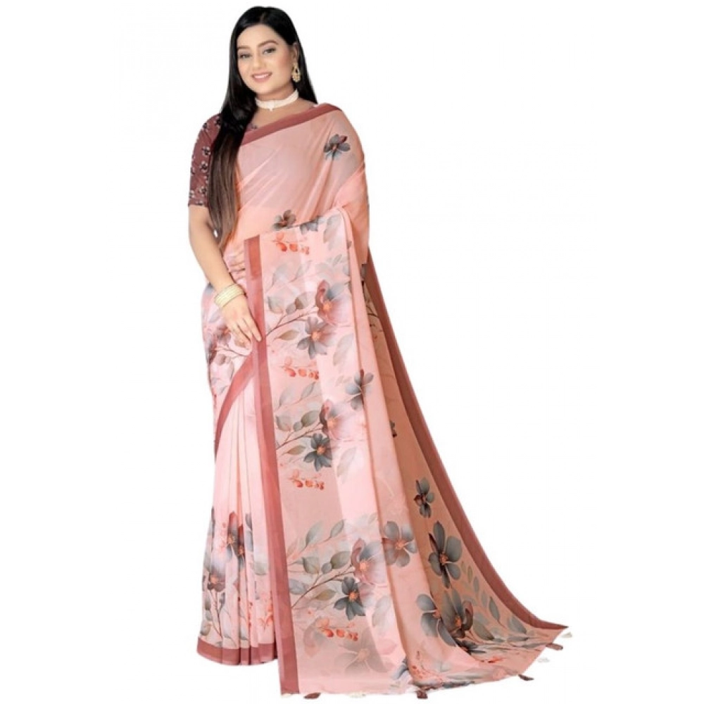 Generic Women's Georgette Floral Printed Saree With Unstitched Blouse 5.5Mtr (Peach) - Image 4