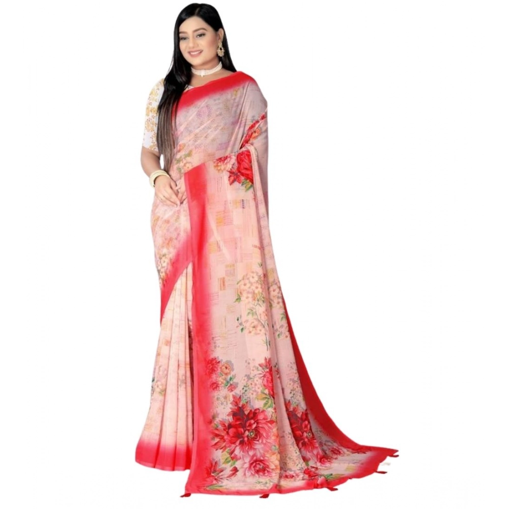 Generic Women's Georgette Floral Printed Saree With Unstitched Blouse 5.5Mtr (Red) - Image 4