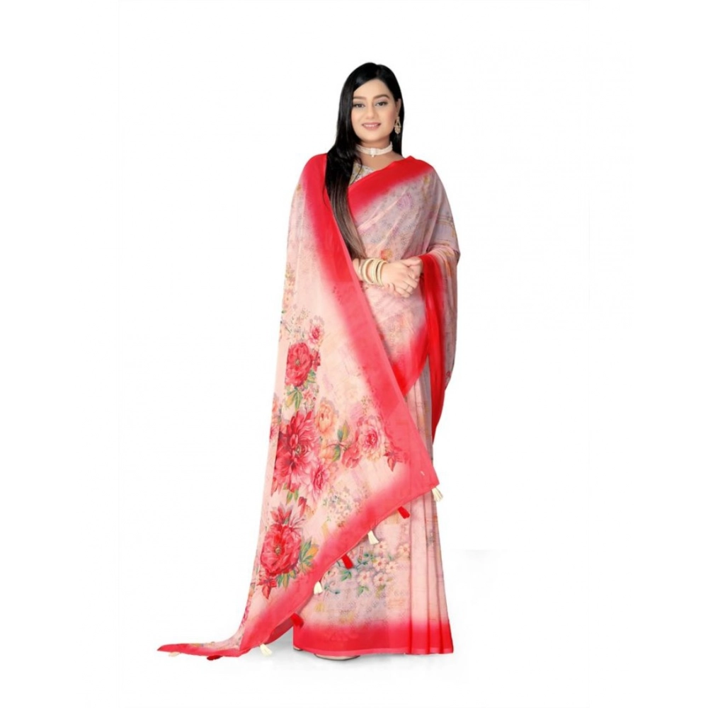 Generic Women's Georgette Floral Printed Saree With Unstitched Blouse 5.5Mtr (Red)