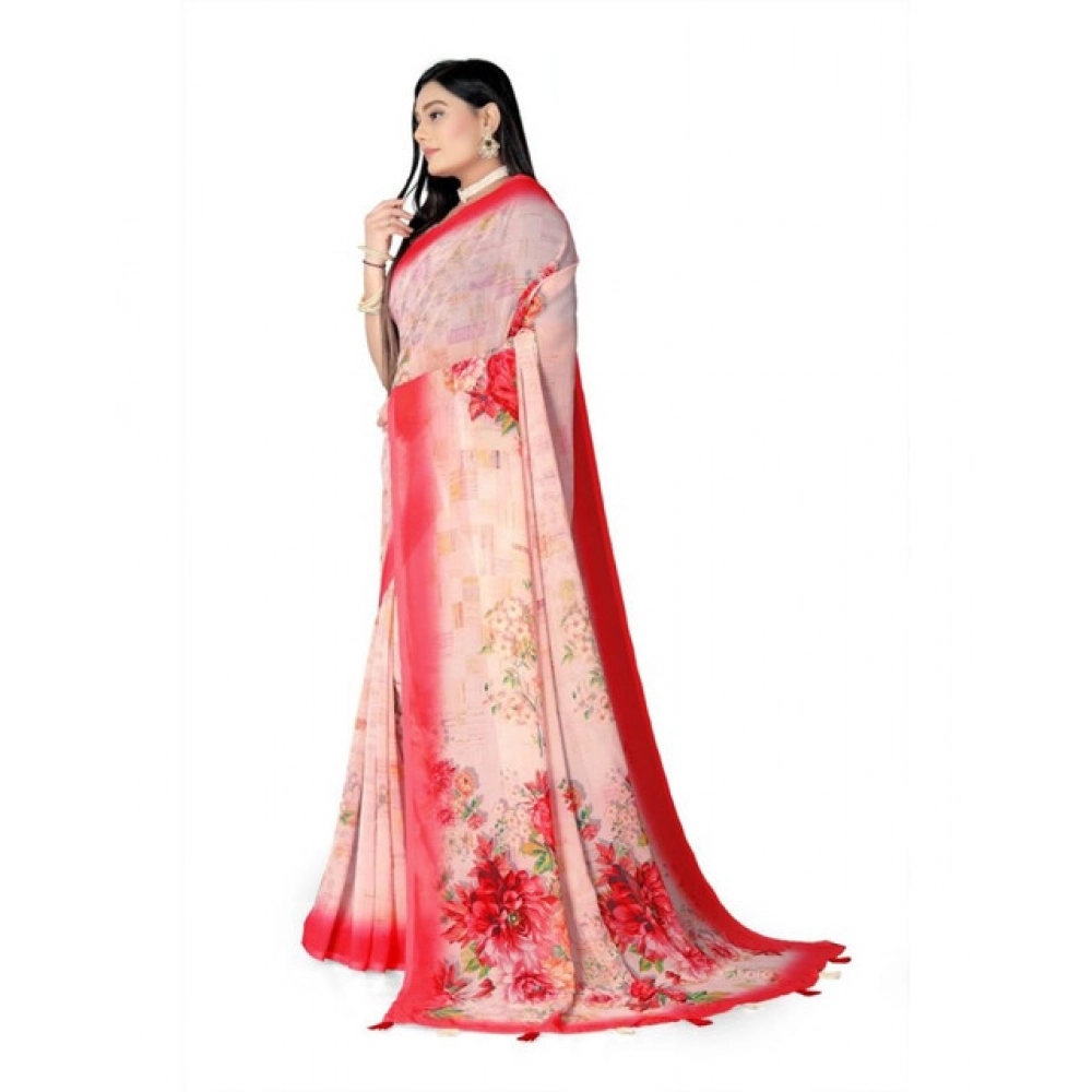 Generic Women's Georgette Floral Printed Saree With Unstitched Blouse 5.5Mtr (Red) - Image 2
