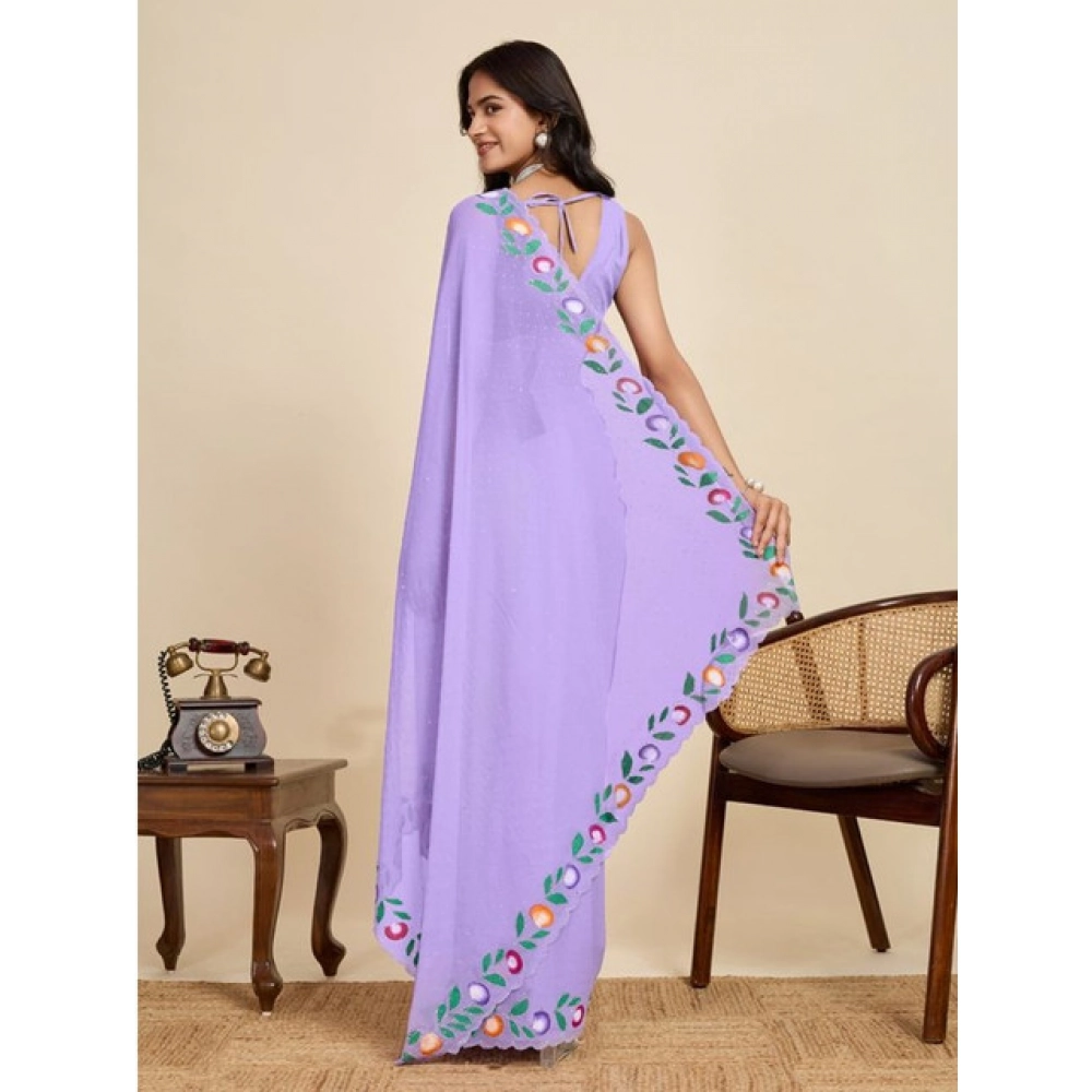 Generic Women's Georgette Printed Saree With Unstitched Blouse 5.5Mtr (Lavender) - Image 3