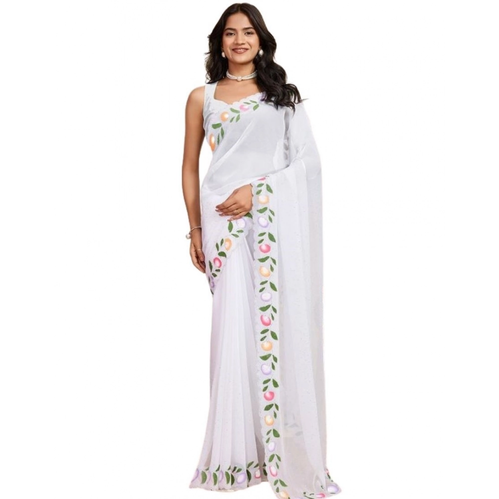 Generic Women's Georgette Printed Saree With Unstitched Blouse 5.5Mtr (White) - Image 4