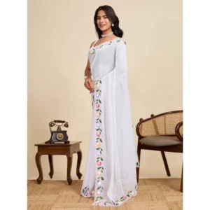 Generic Women's Georgette Printed Saree With Unstitched Blouse 5.5Mtrย (White)