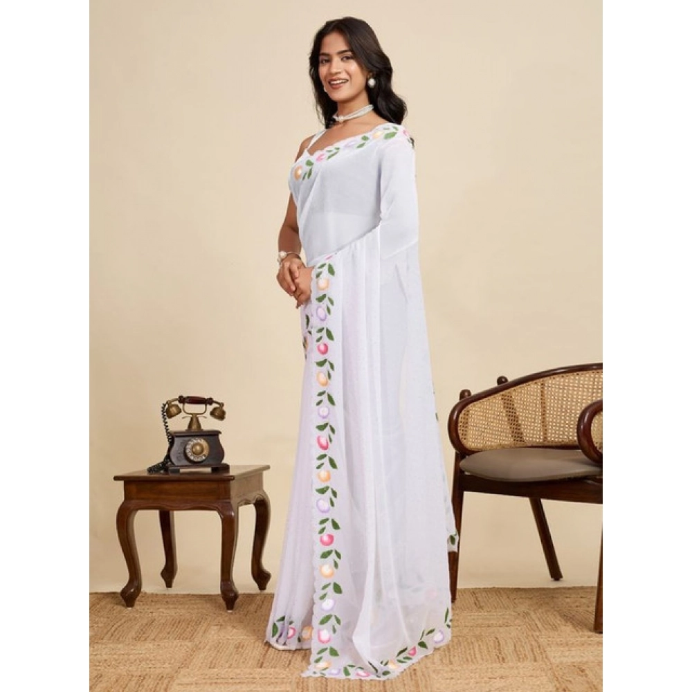 Generic Women's Georgette Printed Saree With Unstitched Blouse 5.5Mtr (White)