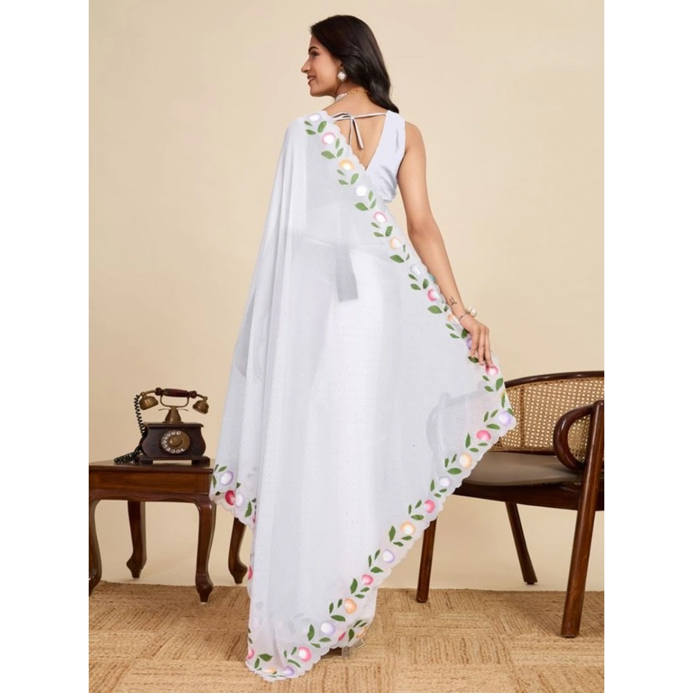 Generic Women's Georgette Printed Saree With Unstitched Blouse 5.5Mtr (White) - Image 3
