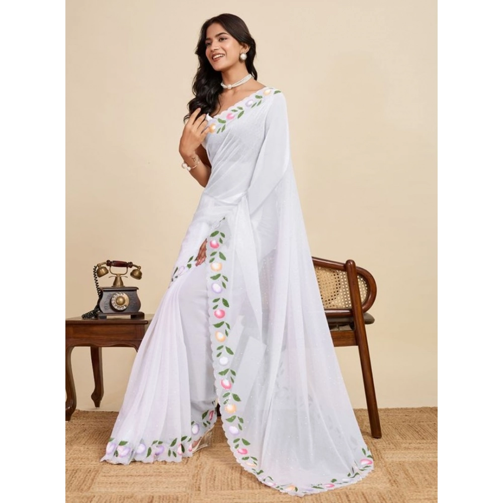 Generic Women's Georgette Printed Saree With Unstitched Blouse 5.5Mtr (White) - Image 2