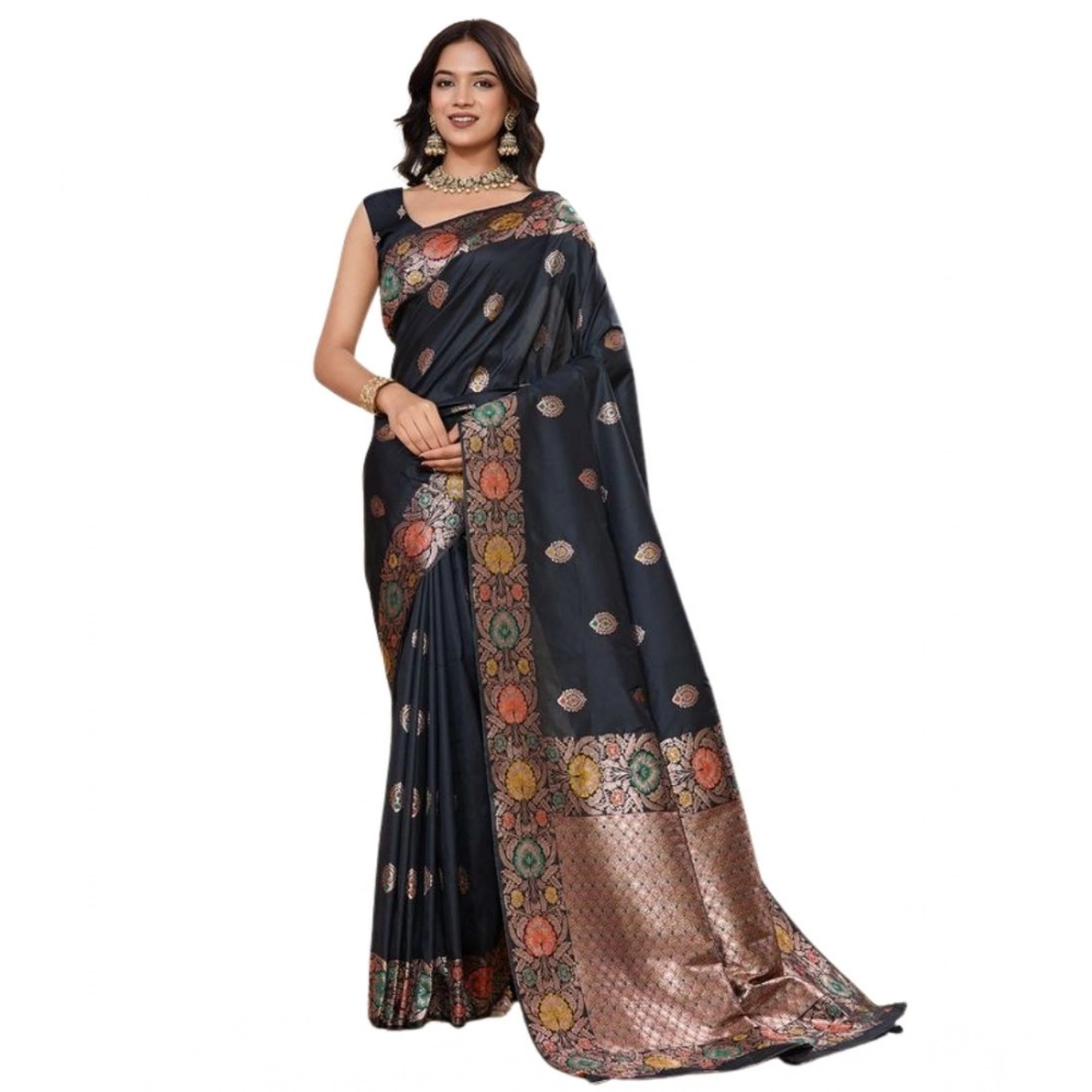 Generic Women's Faux_Banarasi_Silk Woven Saree With Unstitched Blouse 5.5Mtr (Black) - Image 3