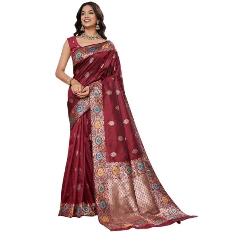 Generic Women's Faux_Banarasi_Silk Woven Saree With Unstitched Blouse 5.5Mtr (Maroon) - Image 3