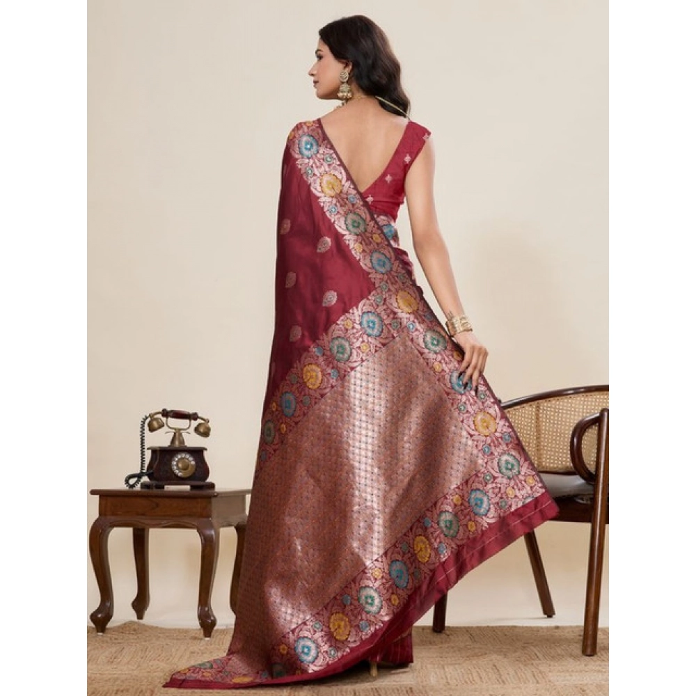 Generic Women's Faux_Banarasi_Silk Woven Saree With Unstitched Blouse 5.5Mtr (Maroon) - Image 2