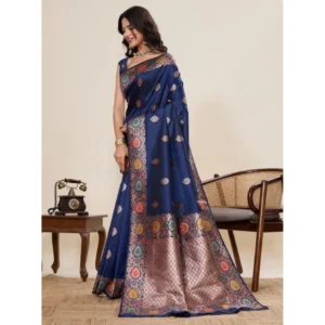 Generic Women's Faux_Banarasi_Silk Woven Saree With Unstitched Blouse 5.5Mtrย (Navy_Blue)