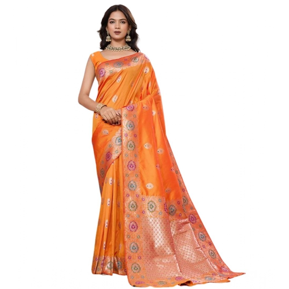 Generic Women's Faux_Banarasi_Silk Woven Saree With Unstitched Blouse 5.5Mtr (Orange) - Image 3