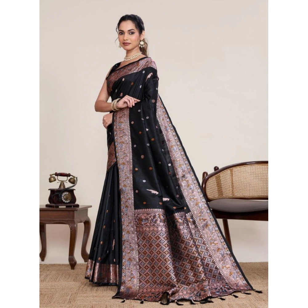 Generic Women's Jacquard Woven Saree With Unstitched Blouse 5.5Mtr (Black)