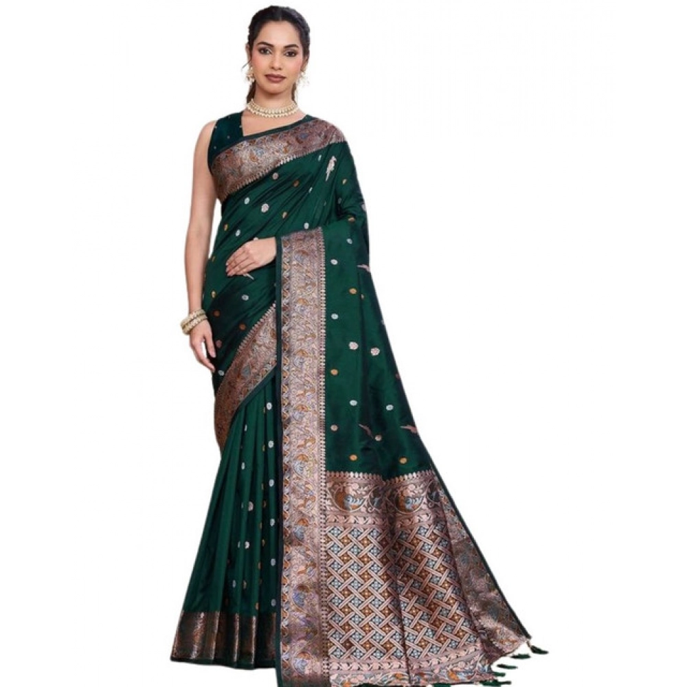 Generic Women's Jacquard Woven Saree With Unstitched Blouse 5.5Mtr (Green) - Image 4