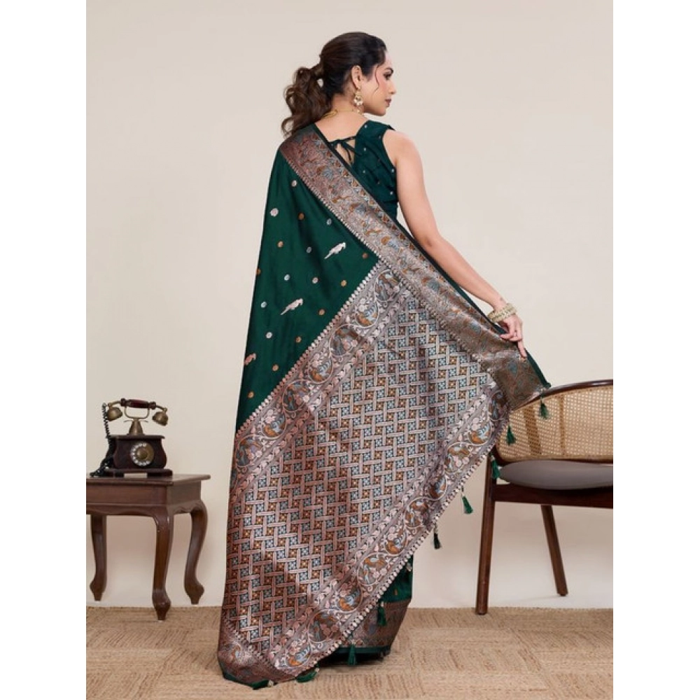 Generic Women's Jacquard Woven Saree With Unstitched Blouse 5.5Mtr (Green) - Image 3